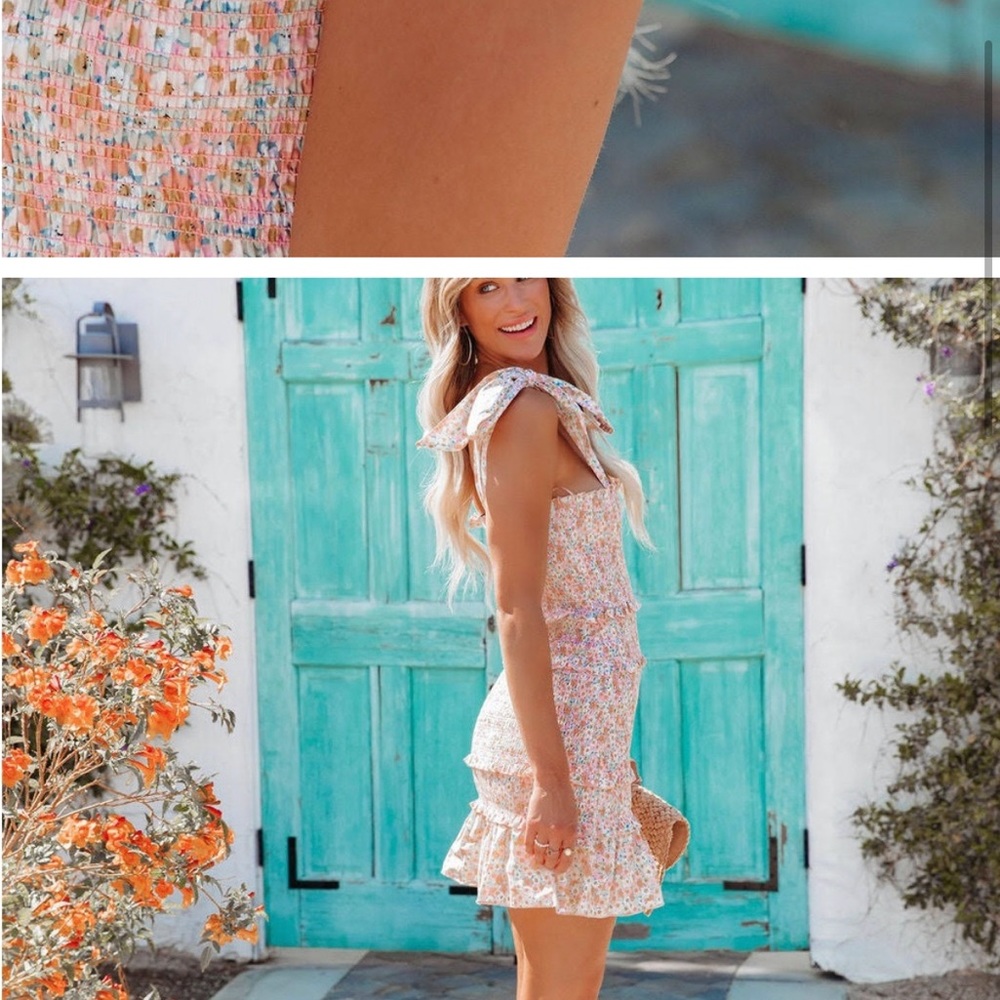 VICI - Freshen Up Cotton Smocked Tie Strap Dress - Blush Multi XS